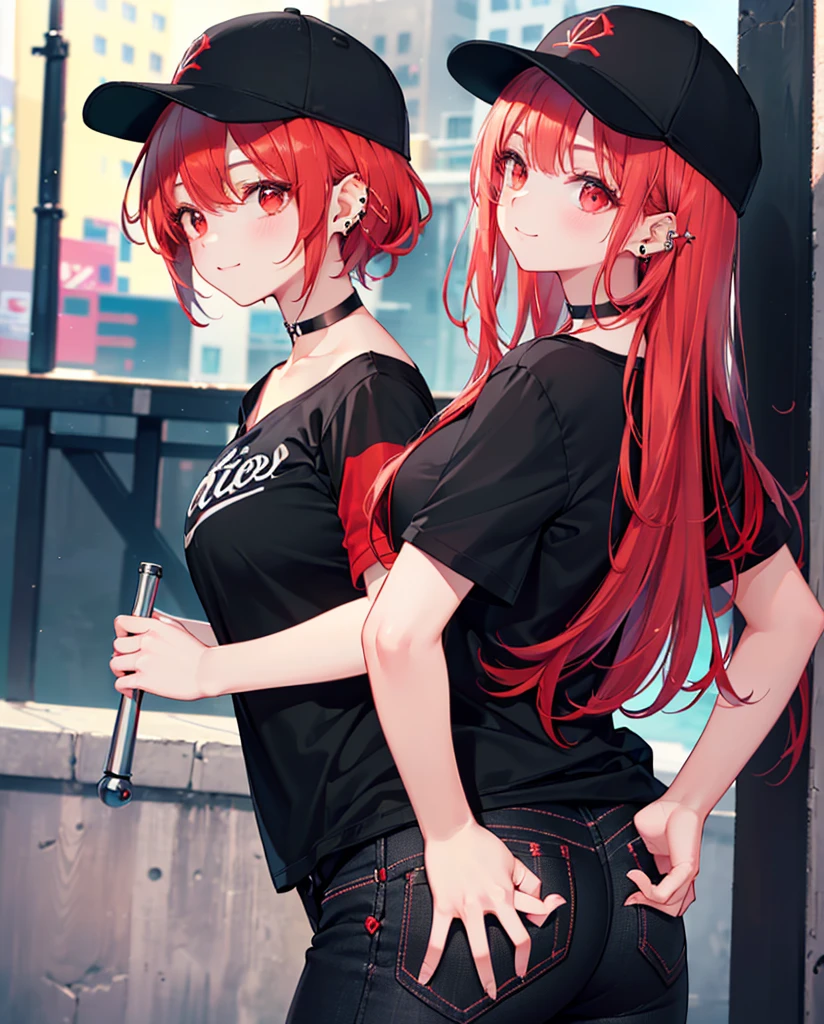 (Close-up:1.3),Realistic,Highest quality, Ultra Detail, High-quality CG rendering, The most delicate and beautiful, Floating softly, High resolution, (1 girl), (Highest quality,4K,8k,masterpiece:1.2),(All red hair:1.5), (semi-long:1.5),(Red eyes:1.5),(Slightly larger breasts:1.2), (Oversized black short sleeve t-shirt:1.5),(Black skinny jeans:1.5),(Black baseball cap:1.5),In the city,old buildings,Narrow back alley,(Turn your back to your audience:1.3),Butt,smile,(Piercing in left ear:1.3),(Pitch black choker:1.5),(White sneakers:1.3)