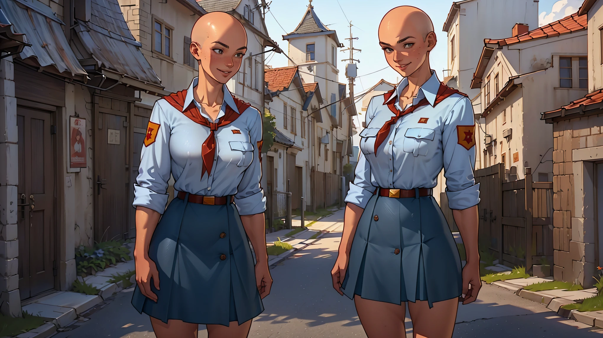 beautiful young bald soviet female pioneer wearing blue button down shirt standing straight near the monument, ((bald)), smile, busty, light blue button down shirt, red neckerchief, ((collarbone)), (unbuttoned cuffs), dark skirt, bright street, red flags, detailed, freckles, asura, highly detailed shading
