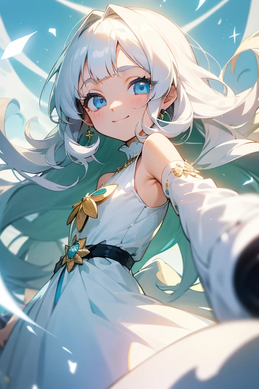 Anime Girls、White Hair、Hair with a light yellow-green inner color、With bangs、Wavy long hair、Sparkling, light blue eyes、Eyes with jewel-like brilliance、Big eyes、Smiling Face、Small Nose、Droopy eyes、Kind Face、White stylish one piece、A lively atmosphere、The background is whitish、She is in her late s、Clothes that expose the shoulders、Clothes that don&#39;t expose the chest