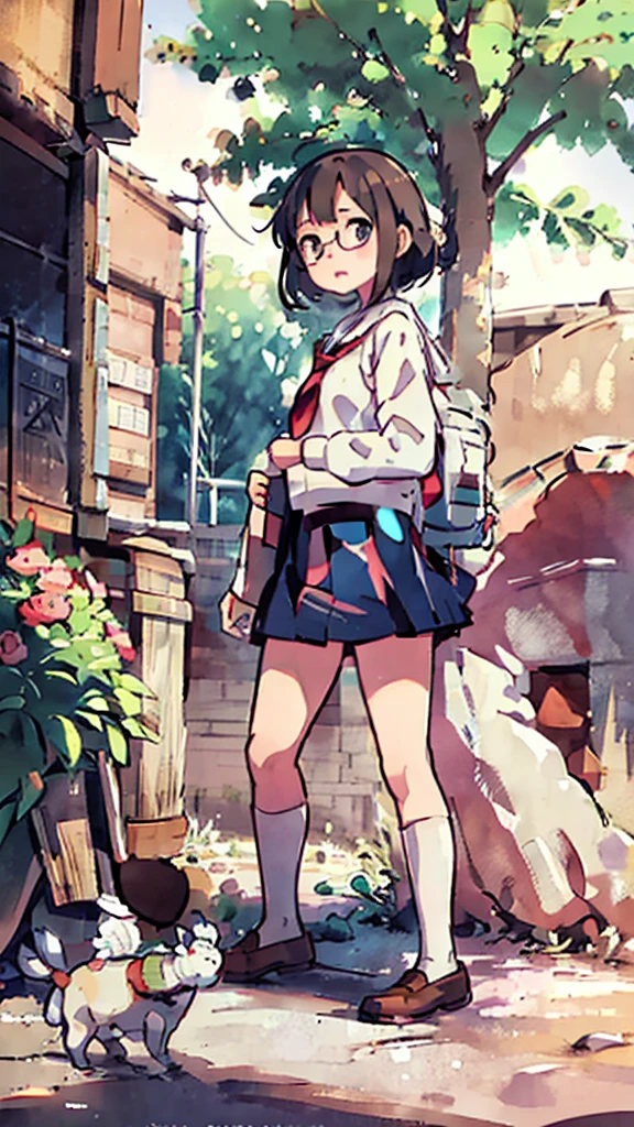 Nsfw、masterpiece, high quality, 4K, HDR,, Stable Diffusion prompt: schoolgirl with short、brown hair and red-framed glasses, wearing a white blouse and navy skirt, white panties visible, navy socks and brown loafers, in a state of arousal and trembling with sexual climax,simple illustration style, in a nichijou (everyday life) setting