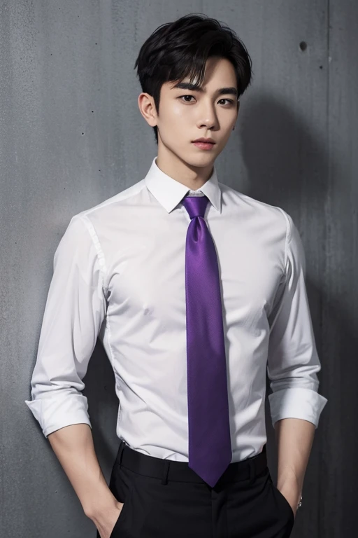 solo , 1man , thai man Short hair , white shirt with collar , purple necktie , black Long pants , Half body photo