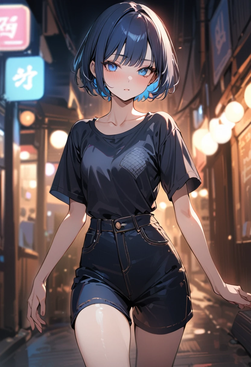 (masterpiece, best quality:1.5), (high resolution 8K), detailed eyes and face, detailed body,
BREAK (extra short hair:2.0), blunt bangs, black hair, (inner blue color hair:1.2), blue eyes, 12 years old, small breast,
BREAK expressionless,
BREAK blouse, collarbone,
BREAK standing, model posing, dynamic angle, at street,