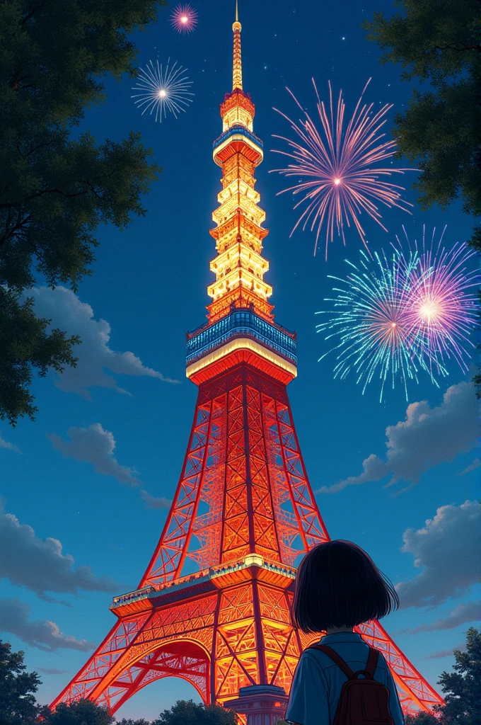 Naive Art　Japanese girl with bob cut　Boy next to me　Large colorful fireworks visible from between the trees　Low - Angle　Tokyo Tower　Ferris wheel　
