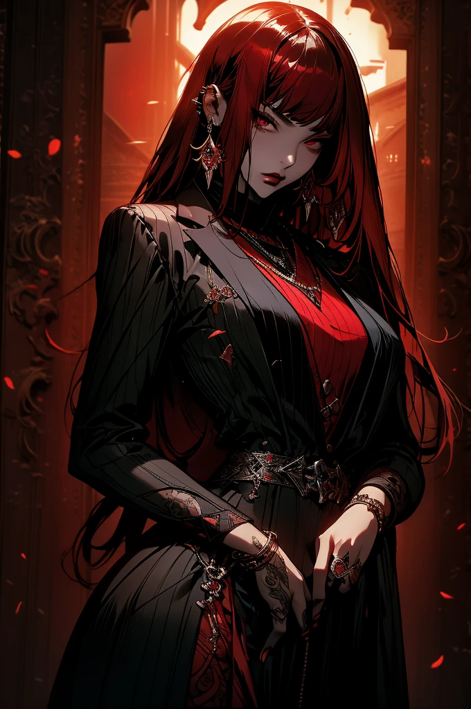 "In this visually striking piece of digital art、Journey into a world of fantasy and wonder。. A mysterious woman with long red hair and seductive black clothing stands in the ruins at night。, Her body is、Decorated with intricate tattoos that seem to come to life in the moonlight。."