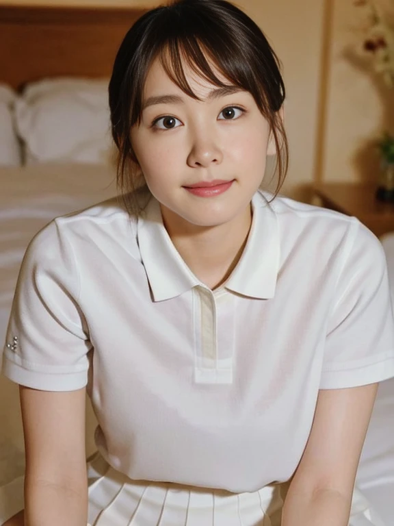 (Masterpiece, Best quality: 1.4), (Ultra realistic, Photo-realistic: 1.2), Full body, (kneeling: 1.3), Looking at viewer, Natural light, 18 years old actress, Japanese women, (arms behind back: 1.2), Neat and clean, ((White tennis uniform, White short-sleeve polo shirt with collar:1.2)), (unbutton:1.3), ((White tennis pleated skirt:1.2)), Wearing white sock, (ponytail: 1.2), Light brown hair color, (Beautiful Face), Oval face, clear, (Beautiful eyes, Kind eyes), (Clear skin), Small face, (Small mouth, Beautiful mouth), Natural makeup, Approachable, Hotel Suite room, On bed, (nsfw:1.1), Seductive smile, Seductive pose, Beautiful thighs, Bedroom eyes,