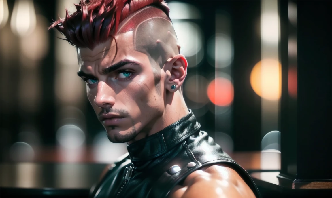 "((highly detailed, detailed eyes, detailed face, clear and realistic facial features, photorealistic, realistic light; cinematic, half-body)), (1 man), ((((fancy restaurant background)))), (((gorgeous athletic tough bully male))), (((20-year-old punk adult male))), (((uncomfortable expression))), ((imposing pose)), ((blue-green eyes)), ((short black hair shaved sides)), (((dressed in black and leather))), ((red tint in hair)), ((standing looking down))."