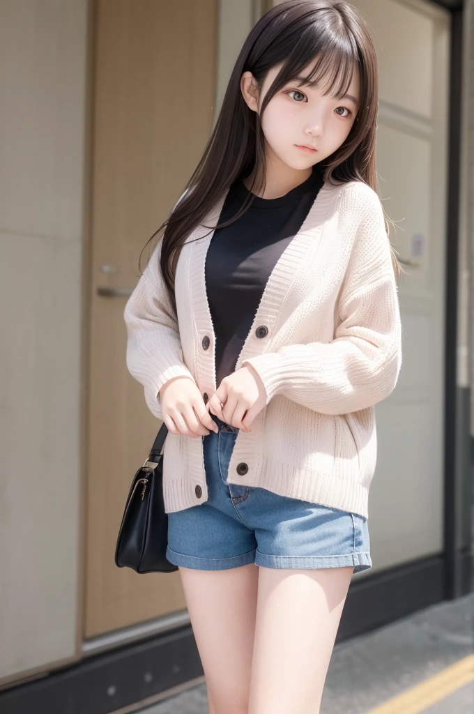 A shy and delicate high school girl in an oversized cardigan and short pants outfit。Straight super long hair。Amaenbo。