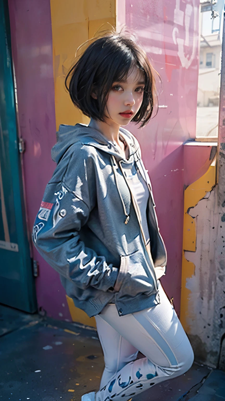 (((Highly detailed CG unit 8k wallpaper:1.2、masterpiece、High resolution:1.2、Highest quality:1.2、Masterpiece)))、((Very beautiful woman、Hands in pockets:1.8、Grunge Fashion:1.2、Wearing a hoodie:1.2、Wearing white leggings、Wearing shoes))、((Highly detailed face、Highly detailed black eyes、Highly detailed body、Highest qualityのリアルなテクスチャ スキン))、(Black Hair、Bobcut、De Pere Blanca、small)、((colorful geometric pattern wall、Colorful wall))、(High Angle:1.2、Wide-angle lens:1.3)、Ultra-Realistic Digital Painting、Upper Body、Close-up of face。