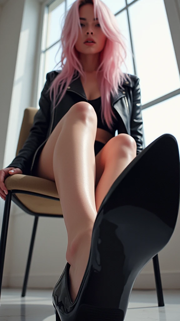 A low-angle digital artwork of a young woman with long, light pink hair, partially covering one eye, viewed from below. She is sitting on a chair with her legs crossed, wearing a black leather jacket and a short skirt. Her feet, clad in black high heels, are prominently featured, with the arch of her foot elegantly highlighted. The perspective emphasizes her legs and shoes, creating a powerful and dynamic composition. The setting is a bright room with large windows, allowing natural light to softly illuminate her skin and the smooth, glossy texture of her heels. The overall scene exudes a sense of confidence, elegance, and a modern, stylish vibe.