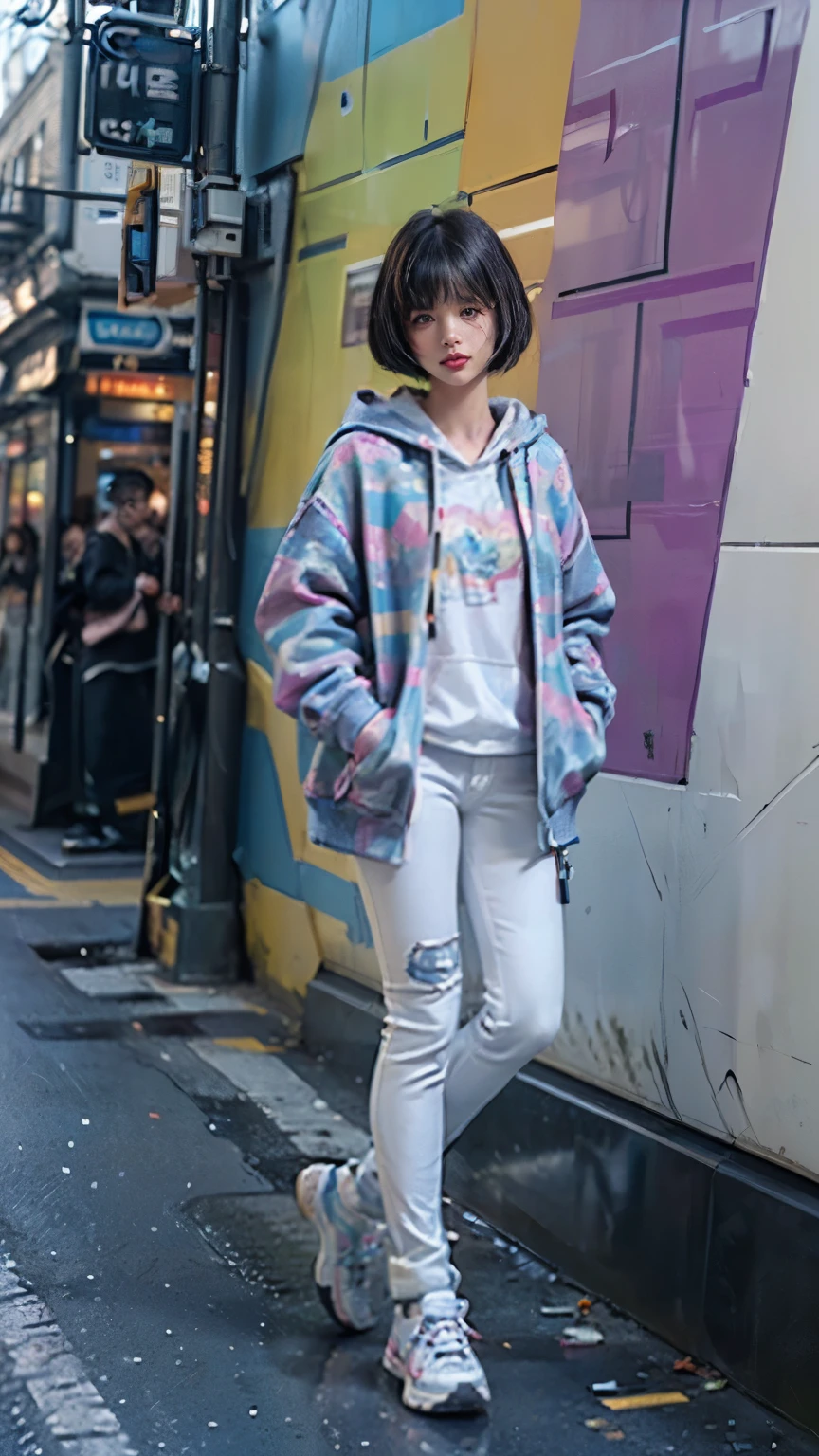 (((Highly detailed CG unit 8k wallpaper:1.2、masterpiece、High resolution:1.2、Highest quality:1.2、Masterpiece)))、((Very beautiful woman、Hands in pockets:1.8、Grunge Fashion:1.2、Wearing a hoodie:1.2、Wearing white leggings、Wearing shoes))、((Highly detailed face、Highly detailed black eyes、Highly detailed body、Highest qualityのリアルなテクスチャ スキン))、(Black Hair、Bobcut、De Pere Blanca、small)、((colorful geometric pattern wall、Colorful wall))、(High Angle:1.2、Wide-angle lens:1.3)、Ultra-Realistic Digital Painting、Upper Body、Close-up of face。