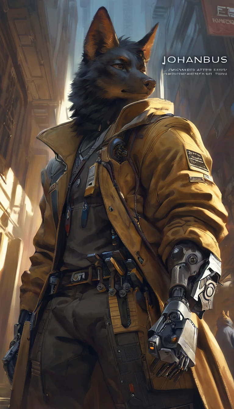cover page, highres, top quality, best quality, paid reward available, unparalleled masterpiece, perfect artwork, absurdres, High-quality illustrations by Johannes Vermeer, Dark_Fantasy, Cyberpunk, steam punk(super handsome boy, muscular, single, black fur, anubis, kemono)Mechanical marvel, Robotic presence, Cybernetic guardian, robotic arm, wearing a worn-out light combat suit, intricate(steel metal, rusty)(furry anthro:1.7)(Furry body, anubis facial features, anubis body features)elegant, clear focus, shot by greg rutkowski, soft lighting, vibrant colors, masterpiece((street))cowboy shot, dynamic angle,