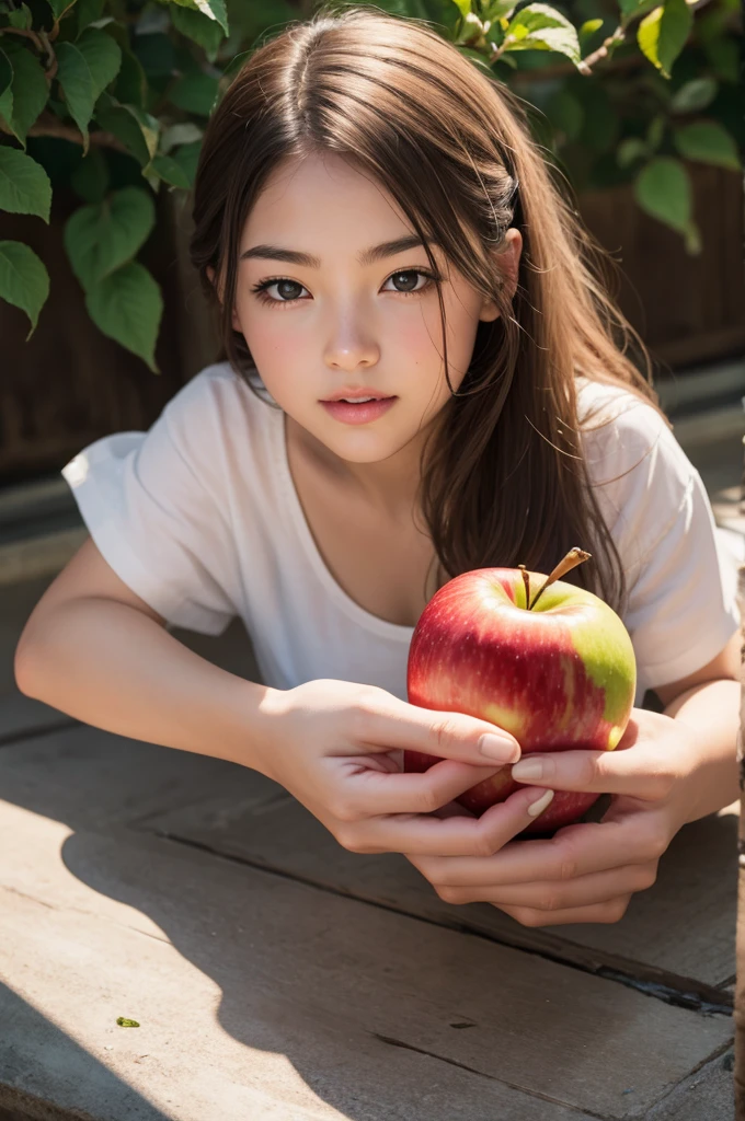 A hand holding a bitten apple 