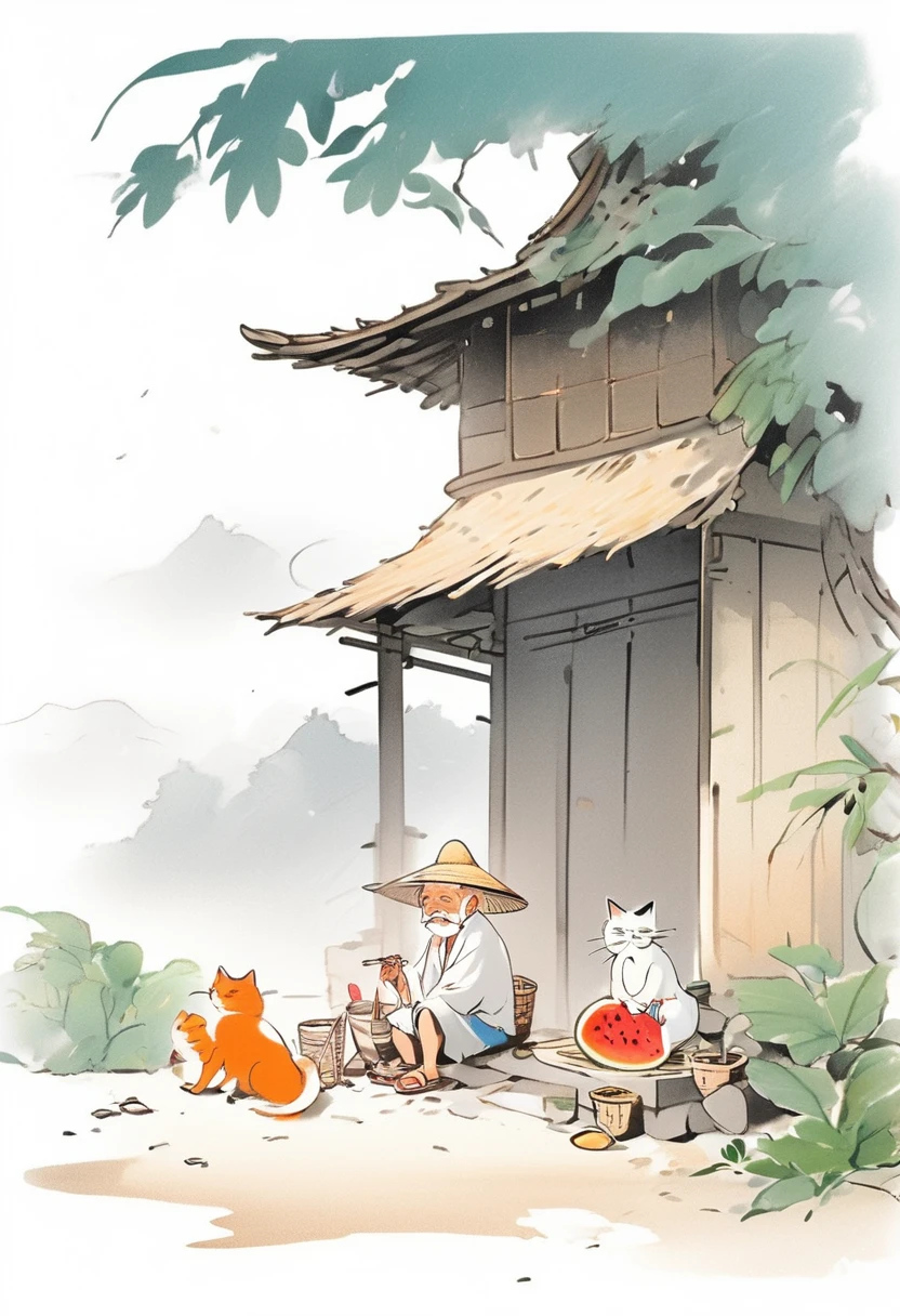 Cartoon Chinese style,An old man wearing a straw hat sits under a thatched hut eating watermelon,and next to an orange cat sits beside him,Features of the comic style,rough drawing,colorful cartoon illustrations,Simple lines,flat coloring,and Chinese-style cartoon characters,flat painting style,lots of white space,clean solid color background,minimalist background,a small amount of content,huge void,mostly empty,very little percentage,a very small proportion,very small content,very large empty space,breathable space, Artistic ink painting,Three-dimensional ink painting,Minimalist graphics,Minimal Art,Clean background,ancient white space,White Space,large white space,Texture Matte,Low saturation,Minimalist composition,Master composition,A person far away,cantered,white background,negative space,simple tattoo,line art,simple drawing,landscape,stylized,(((Lots of white space:1.5))),(Lots of white space:1.6),simple,Minimalism,abstract,Freehand,Aesthetic,unsaturated picture,asymmetric picture,a small object in a vast empty space,minimalist scene with a tiny subject in the center,centered small subject with large white space around it,(((small focal point))),(((minimal objects))),(((tiny subject))),no detailed backgrounds,(((empty space))),simple composition,avoiding clutter,no large elements,(((minimalist))),lack of intricate details,wide empty space,sparse,dominant blank space,simple scene,(((less busy))),(((without detailed objects))),(((no complex backgrounds))),