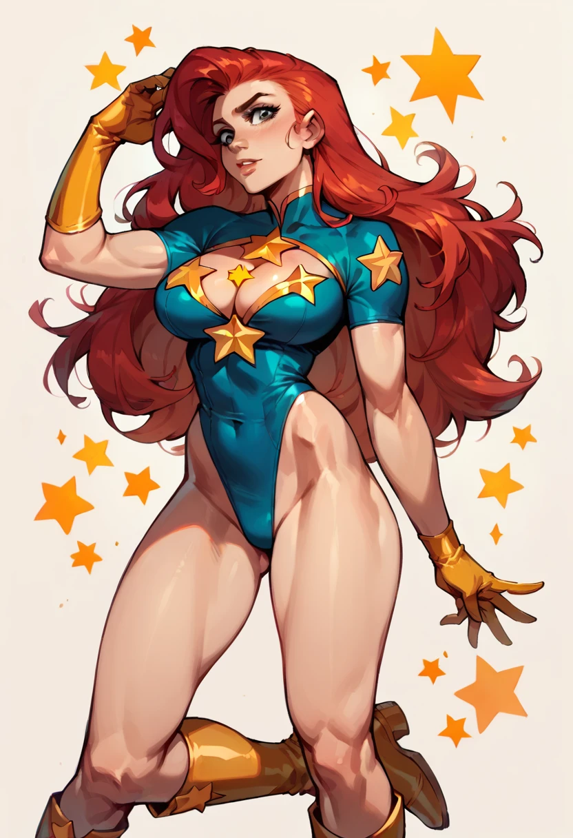 masterpiece, Sexy, Superheroine, Red hair, long hair, busty, ((blue highleg leotard with a t-back thong and a gold star insignia on chest)), gold boots, gold gloves, ((Cleavage Cutout)),