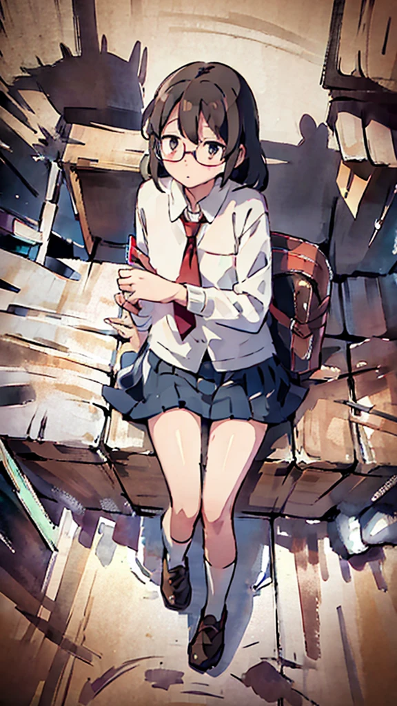 Nsfw、masterpiece, high quality, 4K, HDR,, Stable Diffusion prompt: schoolgirl with short、brown hair and red-framed glasses, wearing a white blouse and navy skirt, white panties visible, navy socks and brown loafers, in a state of arousal and trembling with sexual climax,simple illustration style, in a nichijou (everyday life) setting