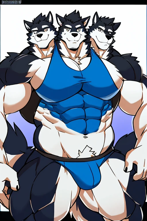 Alaskan Malamute dog black and white fur, with 3 heads , muscular, furry, black hooded sleeveless shirt, blue underwear, penudo