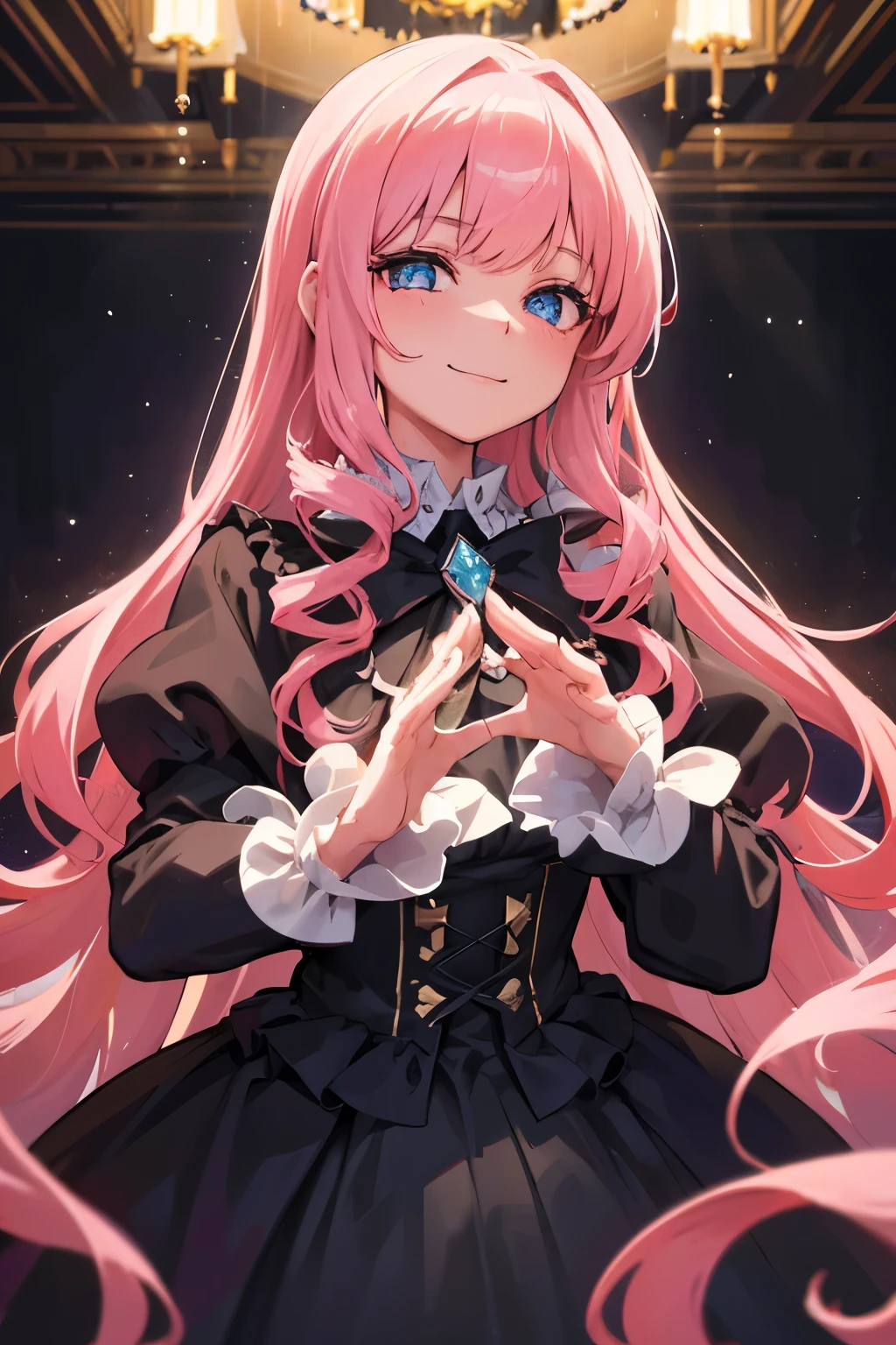 Dramatic composition, Court-style dress, Royal, nice, カスケードFrills, Frills, bow, Crystal Chandelier, Roman Curly Hairstyles, to place, Drill-like double ponytail, Looking at the camera, bangs, Maximalism, Palace-like background, Delicate depiction of hair and eyes, Princess Dress, nice skirts, Flowers in hands, smile, Starry Eyes, Cinematic Light, Extremely detailed, High resolution, Happy girl, Very long hair, diamond, broken diamond, Crystal Fragment, Particles of light