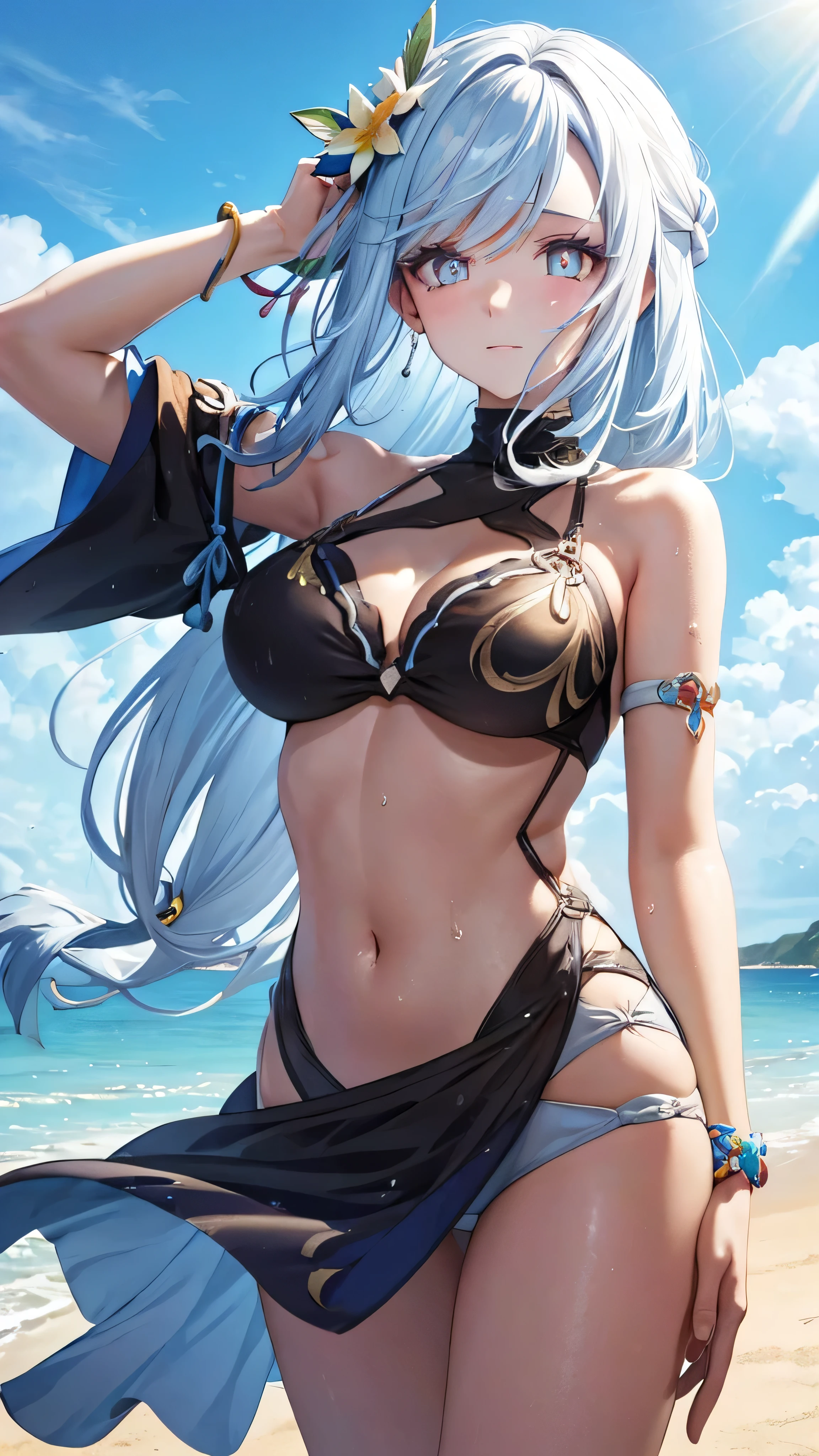 (detailed), (colorful), (detailed and bright eyes), (Detailed hands) On the wet beach with a beautiful bikini hiding her hand on her head