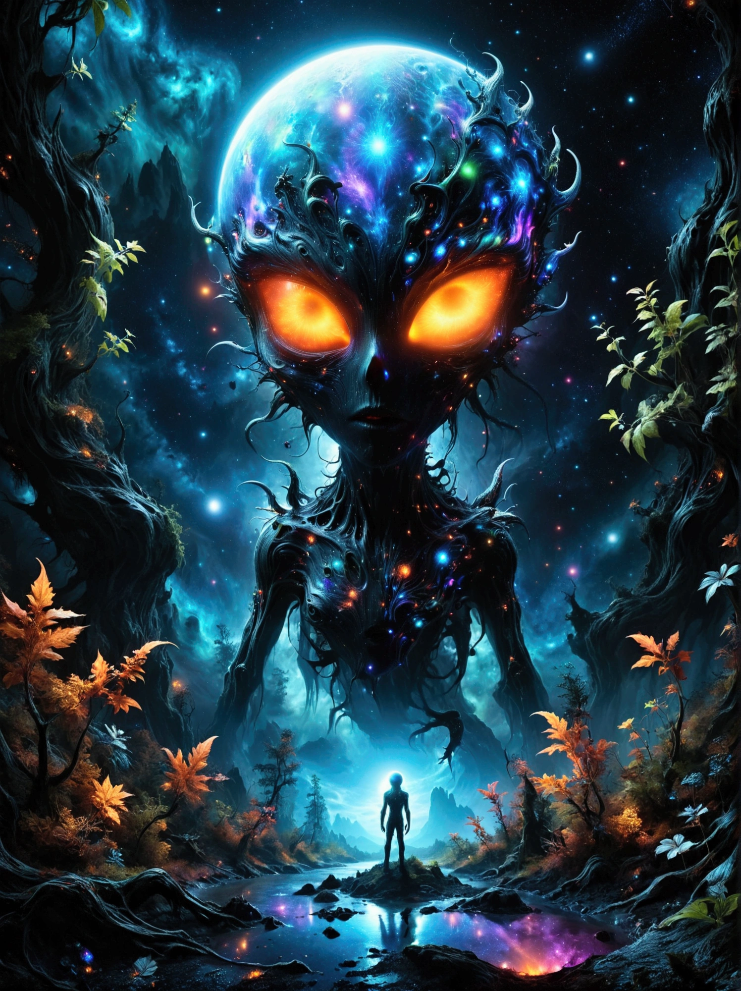 (Best quality,8k,high resolution,masterpiece:1.2),Super detailed,alien forest,harsh environment,(((Night,恐怖的外星Night,Black Light Art))), An extraterrestrial being from a distant galaxy, displaying impressive supernatural abilities, is silently observing human activities. This entity, shrouded in an aura of mystery and power, emanates glowing energy and distinctly non-human features. Its keen eyes are scanning the globe, absorbing the intricacies of human culture and life. The scene is set against the vast backdrop of the cosmos, with the Earth illuminated in all its beauty and diversity. This alien, unlike any earthly life form, symbolizes a paradox of being an outsider yet so deeply engrossed in human life.Fantasy landscape,Dark depressing colors,Fluorescent atmosphere,异想天开的Alien Creatures,otherworldly plants,Horrible scenery,Mysterious aura,Alien Creatures,Mesmerizing charm,Ethereal atmosphere,Surreal elements,Cosmic Energy,Fantasy realm,Dreamlike environment,Surreal creatures,Horror Forest,Imaginary worlds,Amazing alien terrain,Mood lighting,Vibrant Leaves,otherworldly glow,captivating details,Complex texture,Vibrant colors