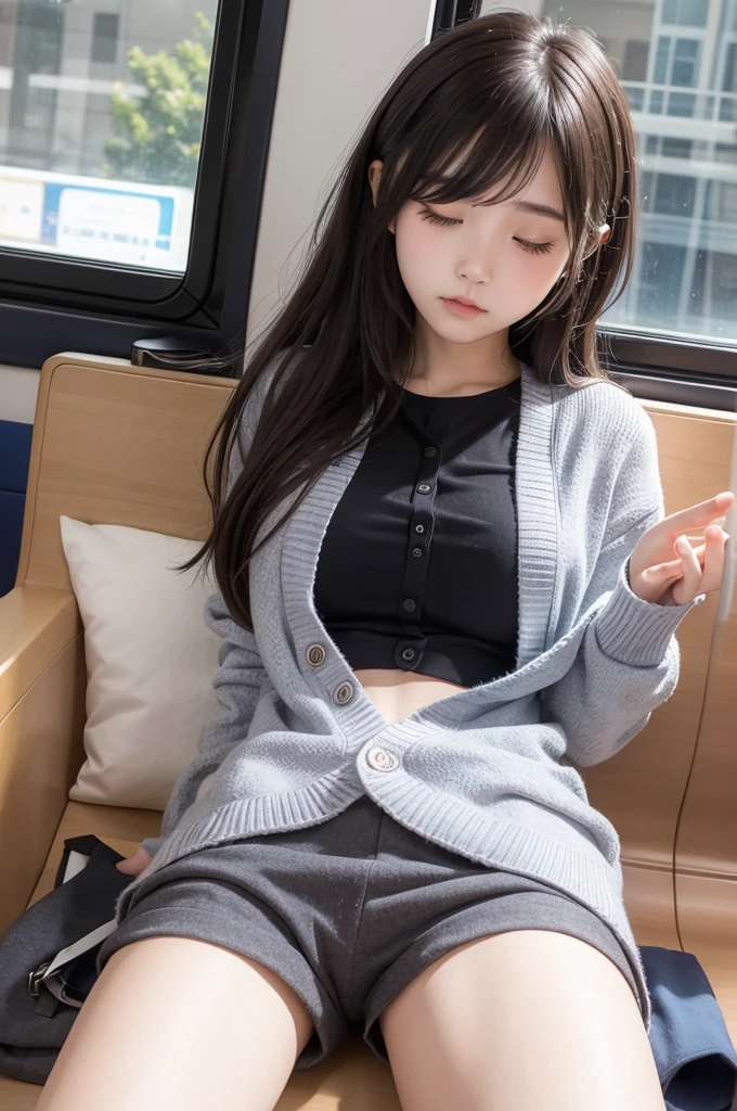 A shy and delicate high school girl in an oversized cardigan and short pants outfit。Straight super long hair。Amaenbo。Taking a nap on the train