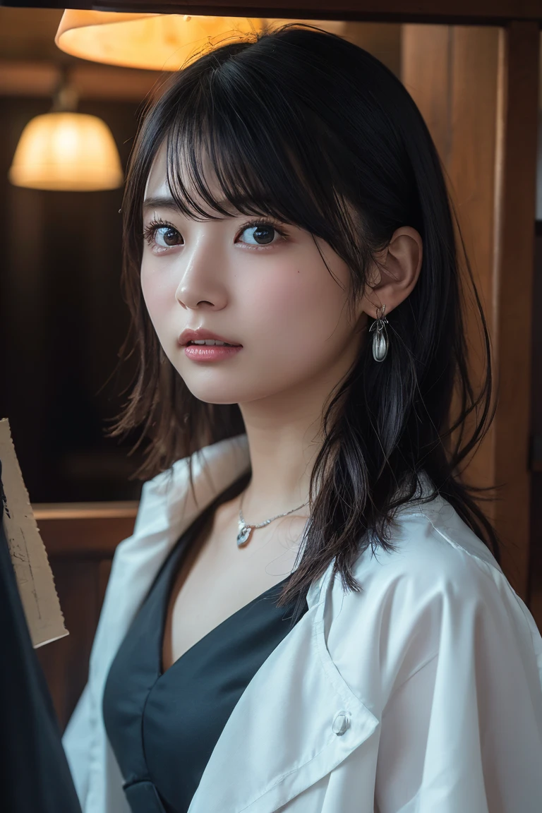 (Highest quality:1.4),(masterpiece:1.4),(Realistic:1.4),(Realistic:1.2),(超High resolution, RAW Photos:1.4),(High resolution, Ultra-detailed:1.2),(8k:1.2),View your viewers,Cinematic photography,One girl,skeletally correct,Black-haired woman,Woman in her early 20s,(Small earrings,neckレス,Black dress,Vneck,No sleeve),(Western-style building interior,Dimly lit room,The lamplight shines on my cheeks)