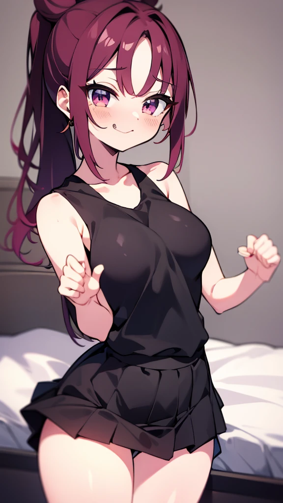 High tail hairstyle, two Ponytail hairstyle, Ponytail hairstyle, Long wavy black hair, standing posing, anime girl style, pixel art anime style,penetrating look with deep eyes,red and purple eyes, hair with a ponytail hairstyle trapped with a big red bun, women, red hair clips, x color shaped hair clips , smiling face blush, next to his bed, Skirt, tank top, Black hair, big thighs, NSFW, Skirt fluttering in the wind, perfect panty, since ago, viento levantando su Skirt haciendo que se le vea el panty, hands in fist , Skirt fluttering in the wind, Skirt levantada, 