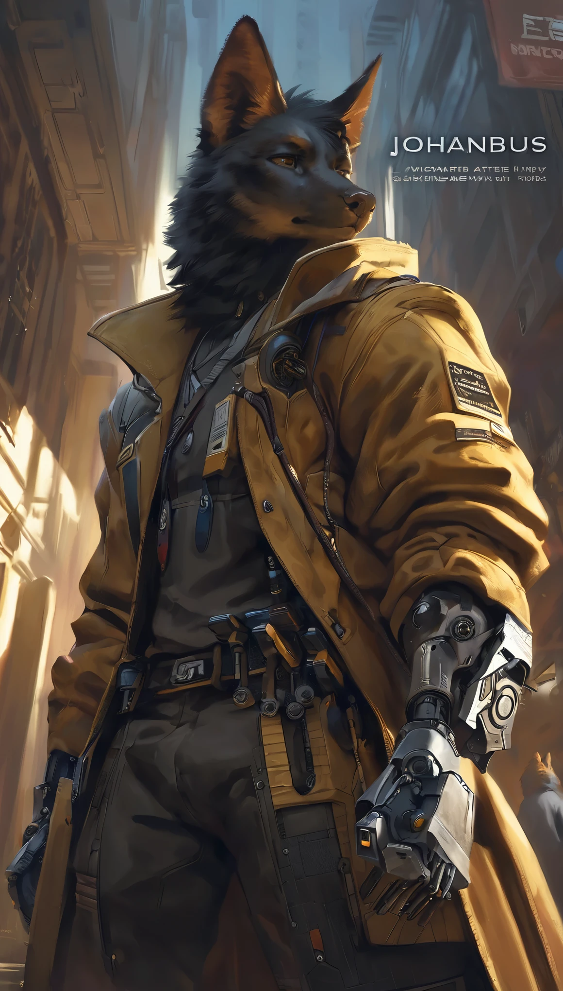 cover page, highres, top quality, best quality, paid reward available, unparalleled masterpiece, perfect artwork, absurdres, High-quality illustrations by Johannes Vermeer, Dark_Fantasy, Cyberpunk, steam punk(super handsome boy, muscular, single, black fur, anubis, kemono)Mechanical marvel, Robotic presence, Cybernetic guardian, robotic arm, wearing a worn-out light combat suit, intricate(steel metal, rusty)(furry anthro:1.7)(Furry body, anubis facial features, anubis body features)elegant, clear focus, shot by greg rutkowski, soft lighting, vibrant colors, masterpiece((street))cowboy shot, dynamic angle,
