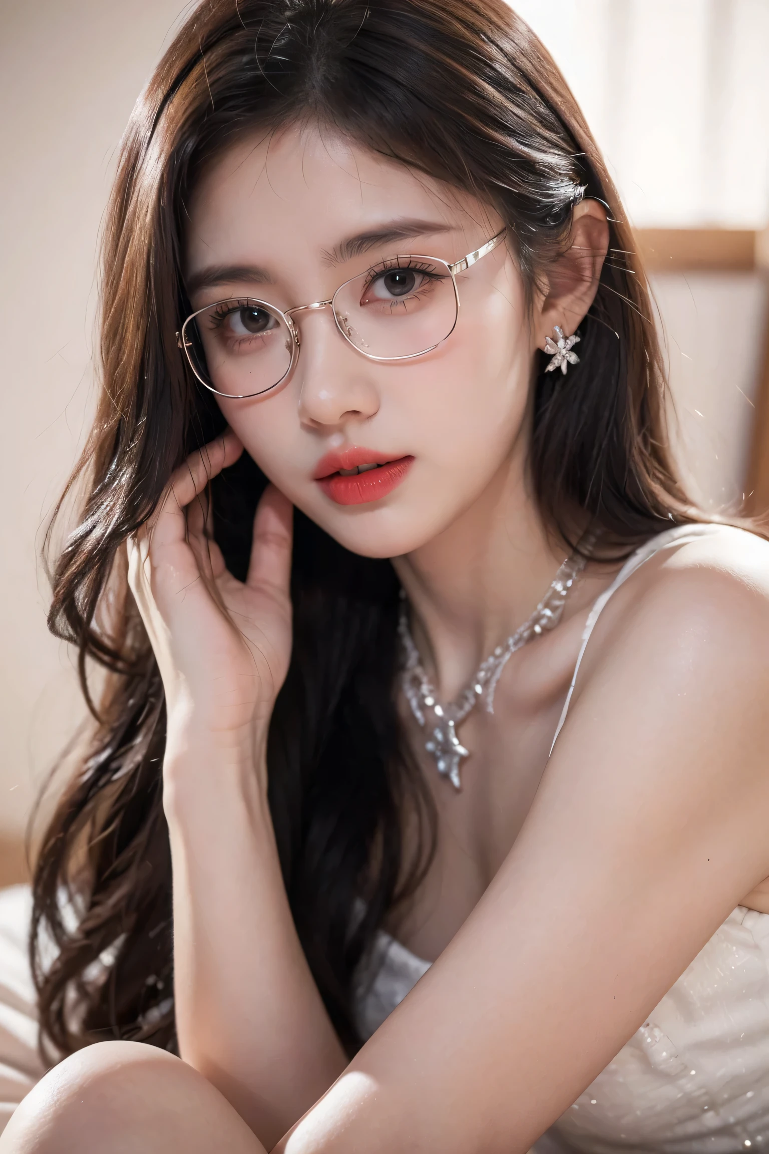Top CG, Highest image quality, masterpiece, Gentle and beautiful girl, (185cm美女), (fit), Imperial sister, Queen temperament, White skin, ((Long legs)), Perfect facial features, Bright Eyes, Sexy pose, Red lips, Beautiful and cold (A major breakthrough)), Beautiful and heroic, Soft and long hair, shiny, Lace, net, Visible through clear skin, wear glasses, Diamond Earrings, ruby neckLace, (evening dress), 8K Image Quality, (Realistic Portraits), Characters fill the screen, (Facial lighting), ((eternal)