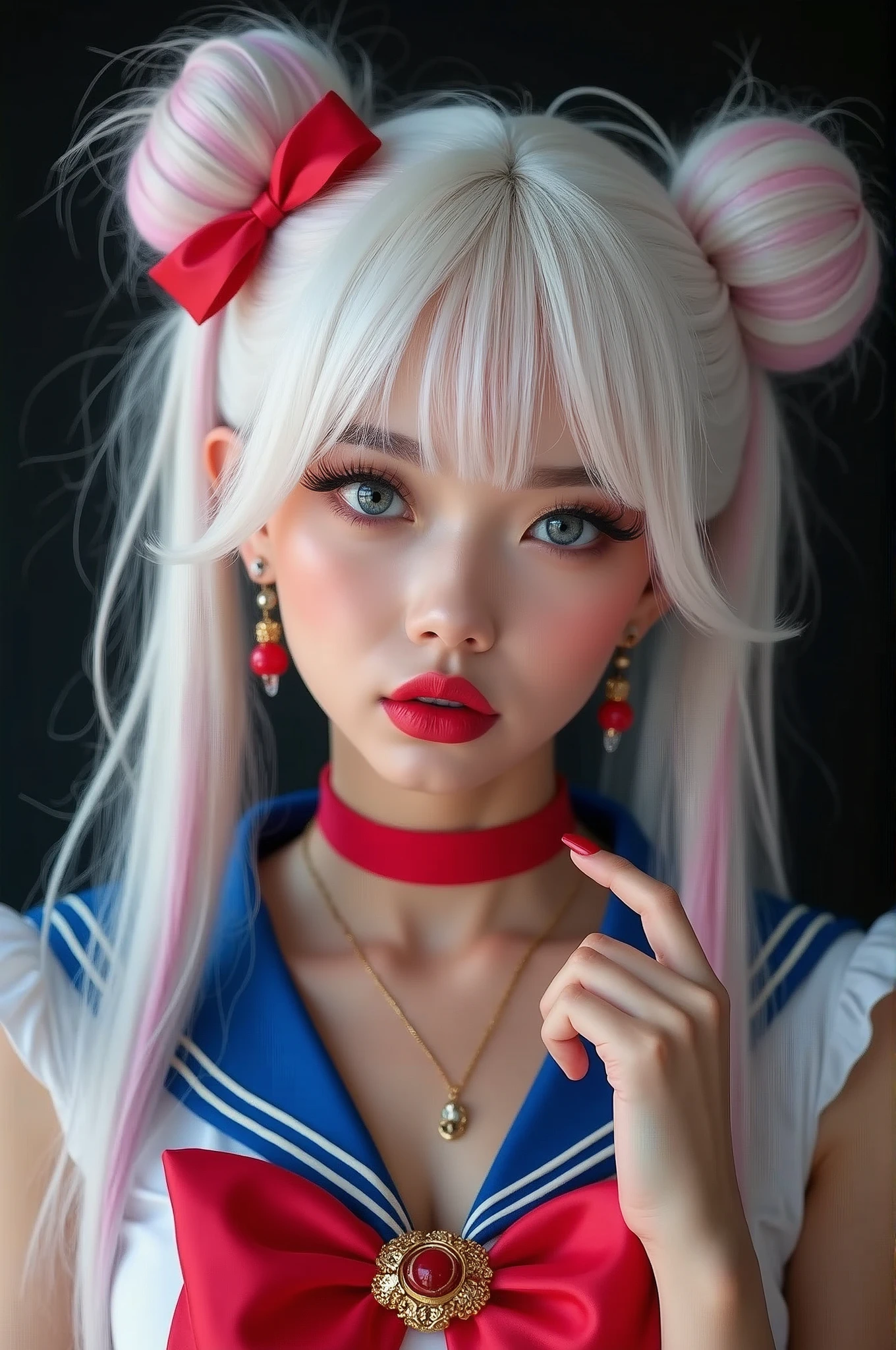 8K, RAW, best quality, masterpiece, ultra high res, colorful, portrait, (medium wide shot), (dynamic perspective), sharp focus , (depth of field, bokeh:1.3), extremely detailed eyes and face, beautiful detailed eyes, 
masterpiece, best quality, 1girl, gyaru, red lips, solo, white hair, multicolored hair, bangs, defiant makeup, twin tails, hair buns, tanned skin, (sailor moon), half-cycle, correct hands, proportional fingers, detailed hands, detailed face, plump lips, detailed body, curvy body, eyeshadow, hair bow, bow, lipstick, two-tone hair, black background, hentai,  portrait