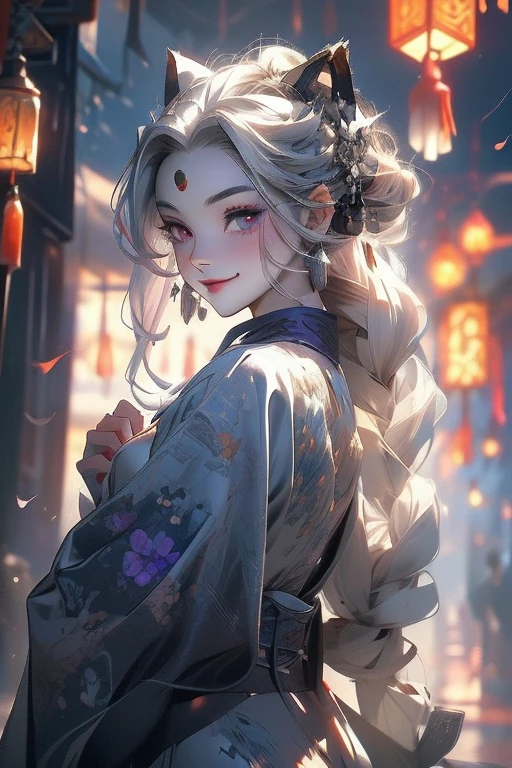 Perfect face. Perfect smile. A young silver hair woman with violet eyes and silver cat ears and a fluffy silver cat tail wearing a Gothic kimono is exploring  a shrine with a big smile