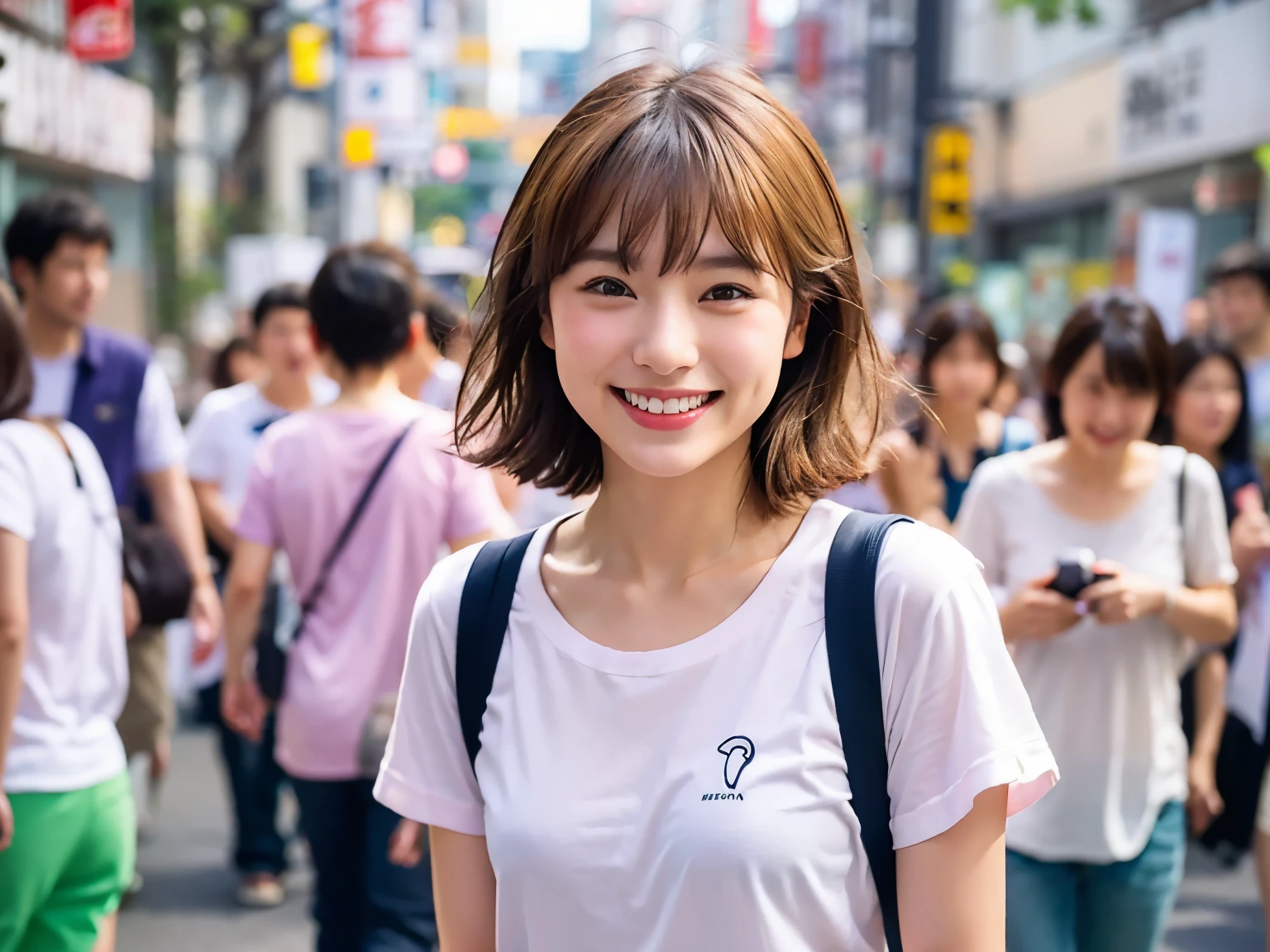 photograph, Cute Japanese woman in her 20s in a white T-shirt, bashful smile, Commemorative photo at the Tokyo Street, photo realistic,