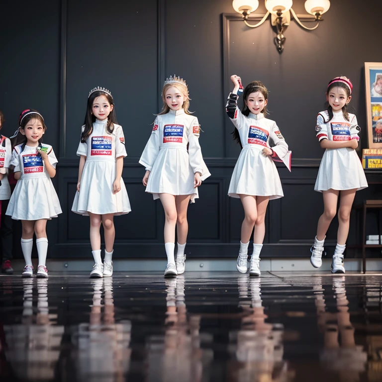 SFW, ExtremelyDetailed (((Race Queen Kids Group in a row:1.4))), Childish perfect face, Reflective Eyes, Detailed(Delicate Clothing textures), Corrected Leg to Foot Line, Corrected Perfect Hand, Dynamic Joyful Expressions LifeLike Rendering, ((Specular Reflection:1.11)), TopQuality 8K Ultra-detailed masterpiece (ProfessionalPhoto:1.37)(Acutance:0.8),(Luminism:1.22),
