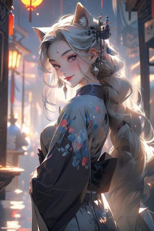 Perfect face. Perfect smile. A young silver hair woman with violet eyes and silver cat ears and a fluffy silver cat tail wearing a Gothic kimono is exploring a shrine with a big smile