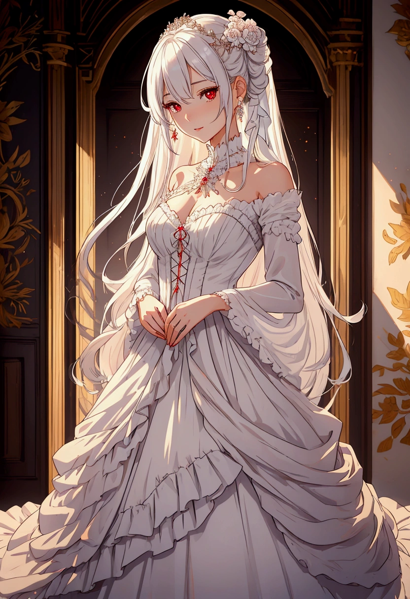 a beautiful young woman with long white hair, red eyes, and a sweet smile, wearing a frilly dress with long sleeves, holding a bow and a bouquet of flowers, petals surrounding her, standing against a plain white background, masterpiece, (best quality,4k,8k,highres,masterpiece:1.2),ultra-detailed,(realistic,photorealistic,photo-realistic:1.37),1girl,detailed eyes,detailed face,detailed hair,long hair,looking at viewer,smiling,bow,holding bow,holding flowers,flower bouquet,floral,frilly dress,long sleeves,plain background