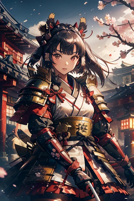 Highest quality, Ultra-high resolution, RAW Photos, Japanese style, kimono, Rin々Shii, japan, Samurai, Blooming cherry blossoms, Cherry Blossoms at Night, Feel the wind, (Samurai Armor:1.1), Black Hair Girl