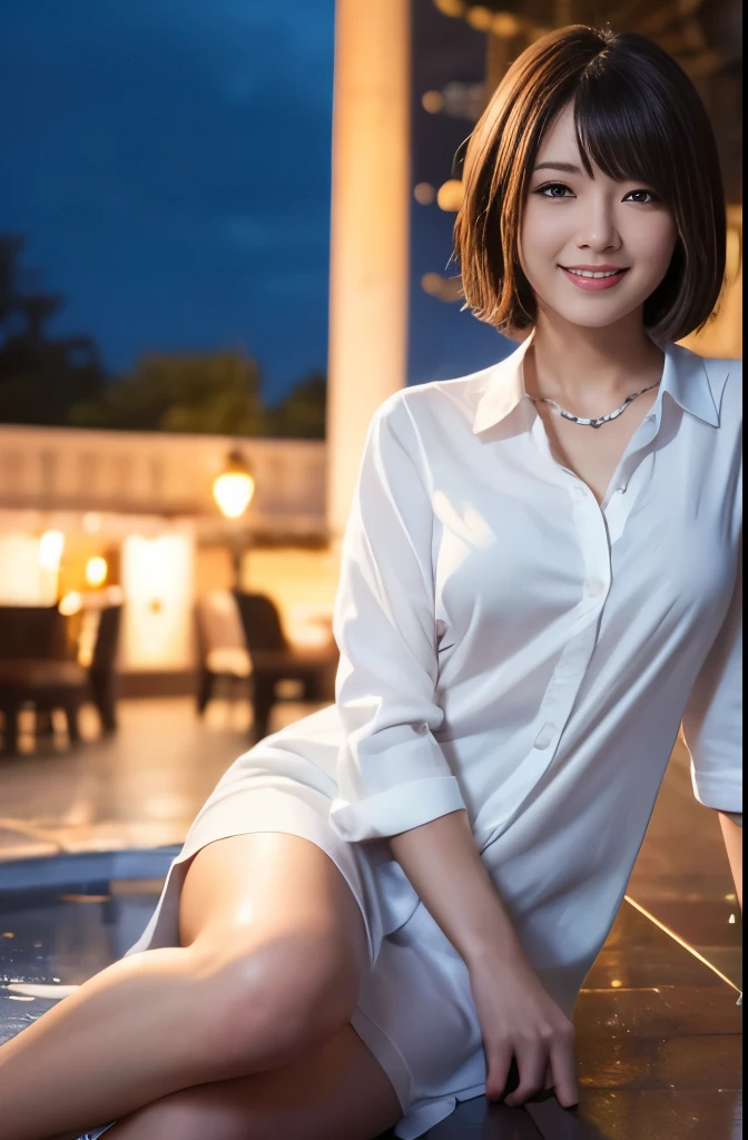 (8k, Highest quality, masterpiece:1.2), (Realistic, photo-Realistic:1.37), Very detailed,((( 1 girl))),alone,Beautifully detailed skies,Detailed Cafe,night,Sitting,Date,(Red nose),(smile:1.15),(Mouth closed) Ample breasts,Beautiful attention to detail,(shirt:1.1), night, Wet, rain,White lace, (short hair:1.2),Floating Hair NovaFrogStyle, ((whole body)),stand, sexy, cute