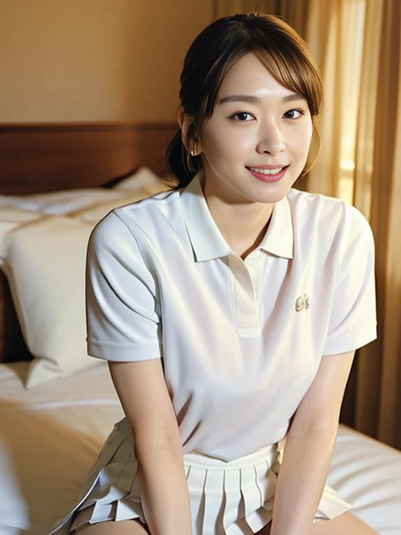 (Masterpiece, Best quality:1.3), (Ultra realistic, Photo-realistic:1.2), Slender, Seductive pose, Bedroom eyes, Beautiful thighs, Natural light, 28 years old actress, Japanese 2women, Neat and clean, (Ponytail hairstyle:1.2), Short wavy hair, (Wearing white tennis uniform, White short-sleeve polo shirt:1.2), (unbutton:1.3), (Wearing White tennis pleated skirt:1.2), Wearing white sock, (Beautiful face), Oval face, clear, Beautiful eyes, Kind eyes, Clear skin, (Small face:1.1), Beautiful mouth, Small mouth, Natural makeup, Approachable, (Seductive smile:1.1), Embarrassed, Blush, Luxury hotel Suite room, (Sitting with Knees Up on bed:1.2), (spread legs:1.1),