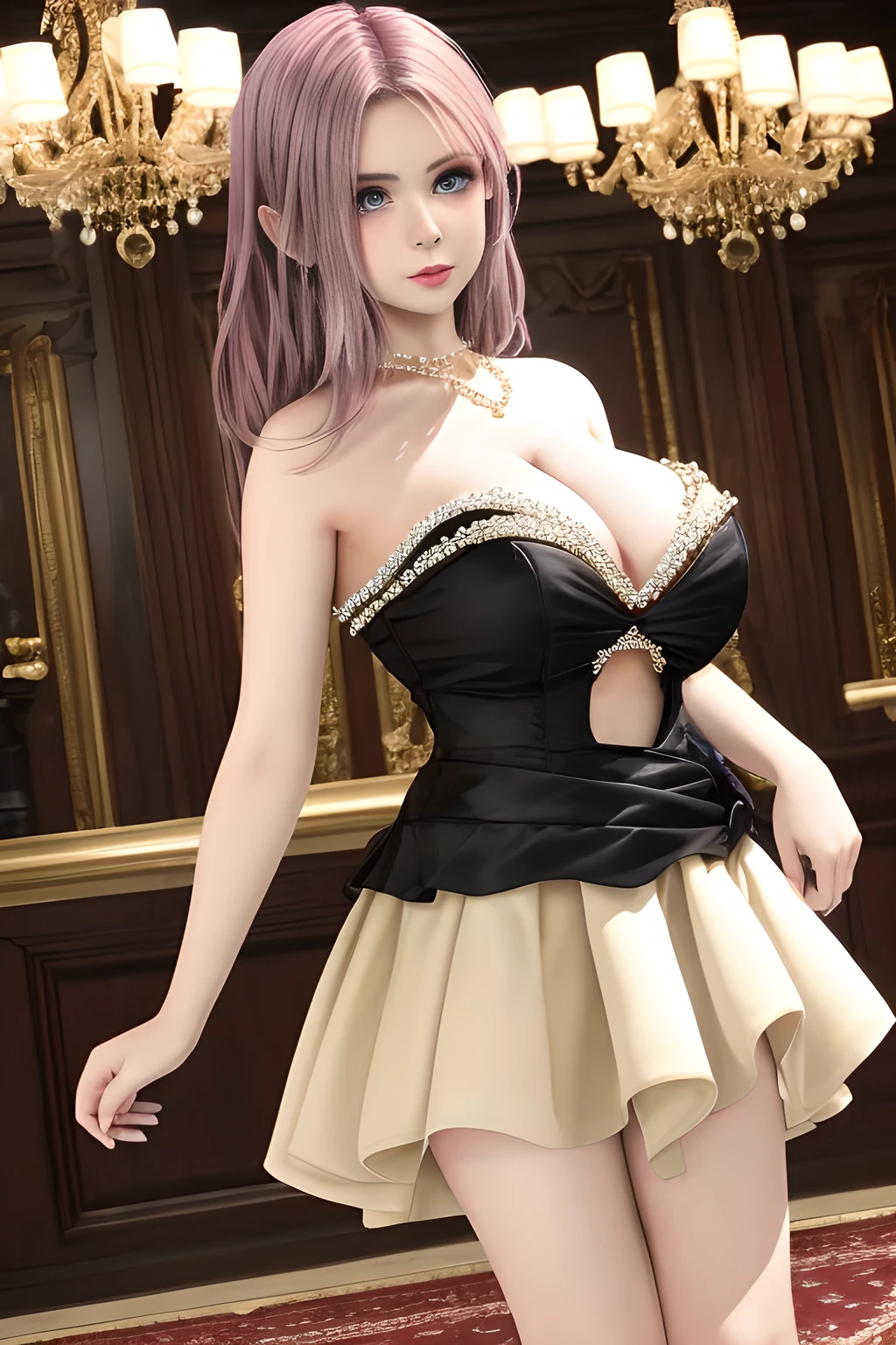 1girl is wearing an elegant black strapless dress. The perspective-dress is beautifully designed with ruching on the bodice and a cascading ruffled asymmetrical hem, adding a playful and chic touch to the outfit. The person is standing upright, with one hand gently touching their leg and the other hand relaxed by their side. The background is plain and neutral, drawing attention to the dress itself. The lighting is soft, highlighting the details of the dress and creating a fashionable and stylish atmosphere,, huge breasts, elise