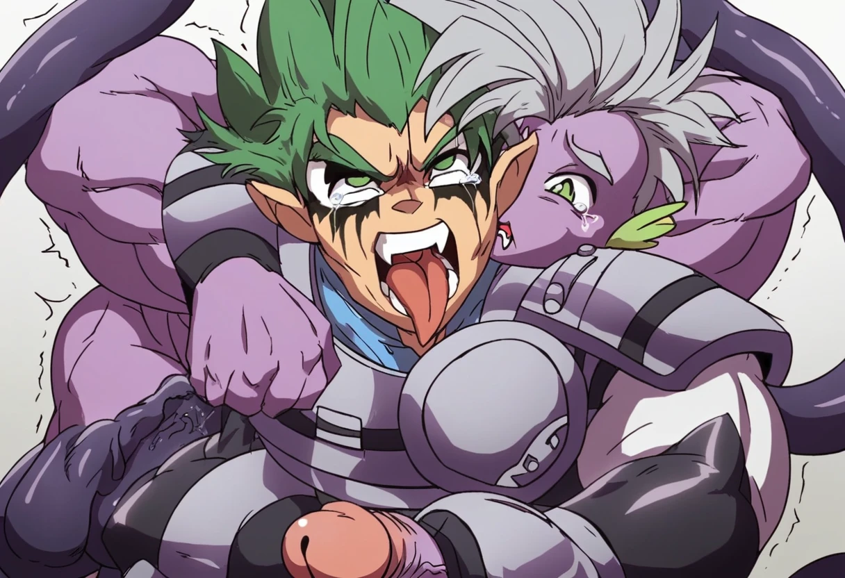 Toei animation style,(((Huge muscles))),Face the enemy,High definitionな顔,Hünkel,Handsome,good looking,((Huge penis,Anal Sex)),Crying face,Silver Hair,,8k,High definition,Masterpiece,Detailed Description,Spike Hair,8 heads,tall,Under eye paint,Trembling,muscles like the hulk,countless black tentacles,Sticking out tongue,Lean back,Spider Suit,Shaking his penis and scattering sperm,rape,Devilish wings,Cat ear,armor,,Open your mouth wide,Unfocused eyes，A single black tear