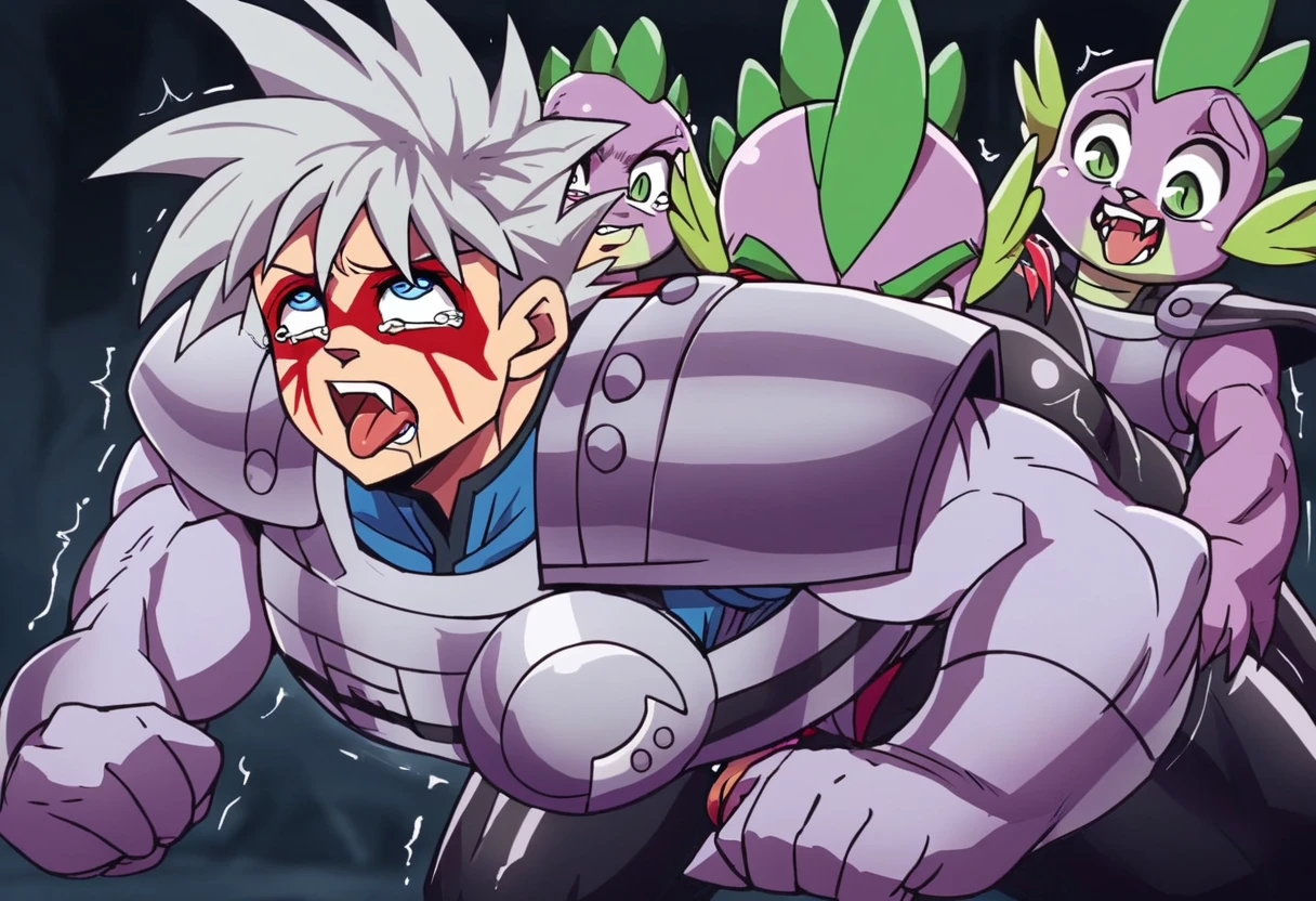 Toei animation style,(((Huge muscles))),Face the enemy,High definitionな顔,Hünkel,Handsome,good looking,((Huge penis,Anal Sex)),Crying face,Silver Hair,,8k,High definition,Masterpiece,Detailed Description,Spike Hair,8 heads,tall,Under eye paint,Trembling,muscles like the hulk,countless black tentacles,Sticking out tongue,Lean back,Spider Suit,Shaking his penis and scattering sperm,rape,Devilish wings,Cat ear,armor,,Open your mouth wide,Unfocused eyes,A single black tear