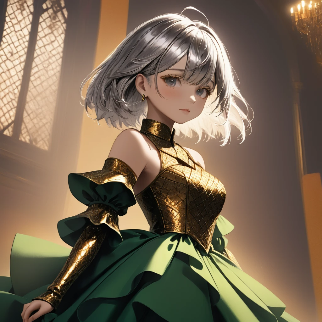 (((perfect quality, perfect anatomy, perfect body, beautiful, masterpiece, ultra detailed, 32K, anime style))), (full body), 1girl, 17 years old, (shiny silver hair), (Airy bob cut, bang between eyes, beautiful hair, glossy silver eyes, beautiful eyes, twinkle eyes, large breast), 1 beautiful girl, cute face, beautiful face, pretty face, beautiful, best quality, good anatomy, shiny skin, Stand up straight with good posture, BREAK
(Draconic Majesty-inspired glossy silk dress, featuring elements of dragon scales and fire, with a color palette of emerald green and bronze:1.2),
(dress has a fitted bodice with a high neckline, adorned with intricate scale patterns in shimmering emerald and bronze thread, sleeves are long and dramatic, with flame-like appliques in metallic fabric:1.2),
(skirt is floor-length with a mermaid silhouette, crafted from layers of silk and organza, creating a flowing effect that mimics the movement of dragon wings, hemline is embellished with beadwork and fiery motifs:1.2),
(Accessories include a bronze tiara with dragon motifs and matching earrings, completing the regal and mystical look), BREAK Ballroom in a top-of-the-line hotel, SimplePositiveXLv2,
