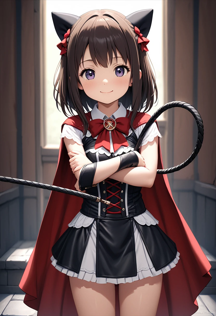 (((Pixel Perfect,Perfect in every detail))), A girl around 15 years old,smile,Cute Costumes,NSWF,A cute leather whip,whip,cinematic,whipを手に持っている,