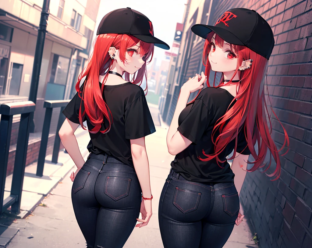 (Close-up:1.3),Realistic,Highest quality, Ultra Detail, High-quality CG rendering, The most delicate and beautiful, Floating softly, High resolution, (1 girl), (Highest quality,4K,8k,masterpiece:1.2),(All red hair:1.5), (semi-long:1.5),(Red eyes:1.5),(Slightly larger breasts:1.2), (Oversized black short sleeve t-shirt:1.5),(Black skinny jeans:1.5),(Black baseball cap:1.5),In the city,old buildings,Narrow back alley,(Turn your back to your audience:1.3),Butt,smile,(Piercing in left ear:1.3),(Pitch black choker:1.5),(White sneakers:1.3)