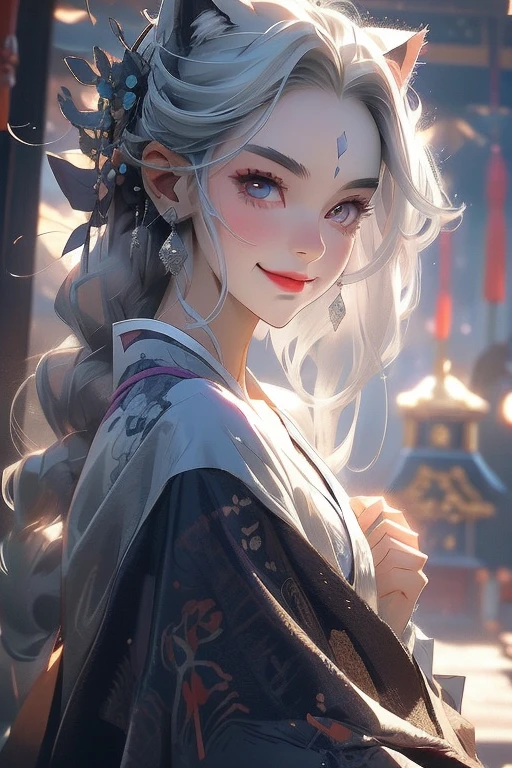 Perfect face. Perfect smile. A young silver hair woman with violet eyes and silver cat ears and a fluffy silver cat tail wearing a Gothic kimono is sitting in a shrine with a big smile