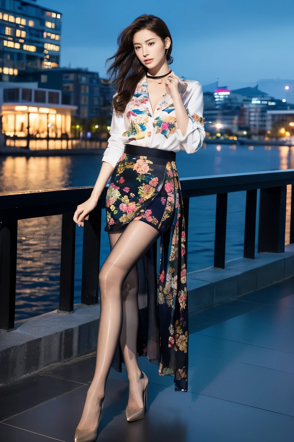 ((Highest quality、Ultra-high resolution、masterpiece、8k))、(Full Body Portrait)、(colorful shirt with collar)、(long skirt with floral pattern:1.3)、((silk pantyhose))、High heels、(Sitting and showing off her beautiful legs)、(1 girl)、Large Breasts、(Delicate face、Detailed eyes and face、double eyelid、Glossy lips)、Moisturized skin、Highly detailed face and skin texture、Two well-balanced legs、((Perfect Anatomy、Anatomically correct))、Modern architecture at night on the background、Professional Lighting