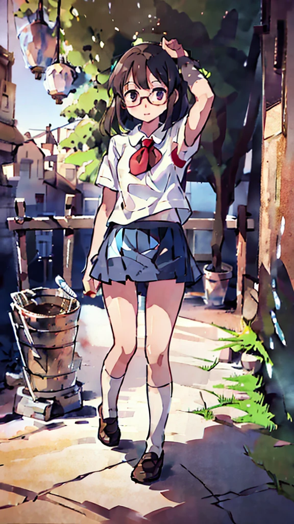 Nsfw、masterpiece, high quality, 4K, HDR,, Stable Diffusion prompt:  schoolgirl with short、brown hair and red-framed glasses, wearing a white blouse and navy skirt, white panties visible, navy socks and brown loafers, in a state of arousal and trembling with sexual climax,simple illustration style, in a nichijou (everyday life) setting
