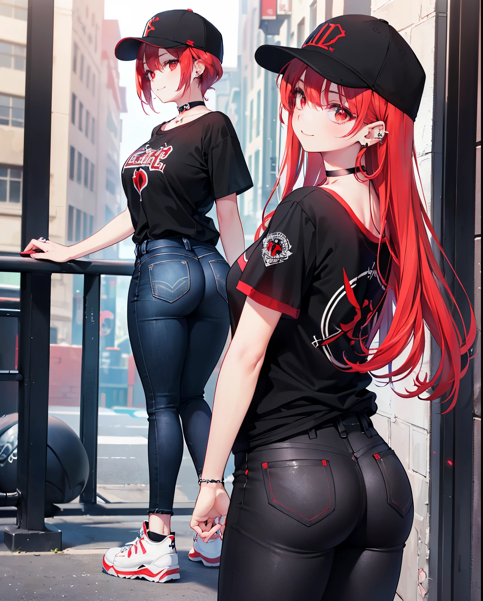 (Close-up:1.3),Realistic,Highest quality, Ultra Detail, High-quality CG rendering, The most delicate and beautiful, Floating softly, High resolution, (1 girl), (Highest quality,4K,8k,masterpiece:1.2),(All red hair:1.5), (semi-long:1.5),(Red eyes:1.5),(Slightly larger breasts:1.2), (Oversized black short sleeve t-shirt:1.5),(Black skinny jeans:1.5),(Black baseball cap:1.5),In the city,old buildings,Narrow back alley,(Turn your back to your audience:1.3),Butt,smile,(Piercing in left ear:1.3),(Pitch black choker:1.5),(White sneakers:1.3)