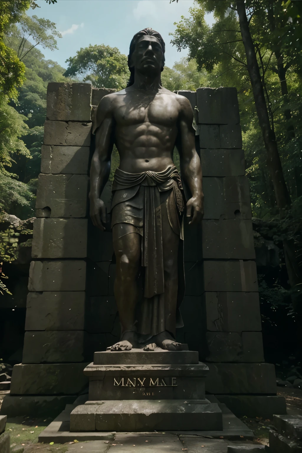 there is a stone statue in the middle of a forest, unreal maya, promotional movie still, by Simon de Vlieger, ruins, by Víctor Manuel García Valdés, aspect ratio 16:9, ps 3 graphics, quetzal, cinema still, filmstill, inspired by James Cadenhead