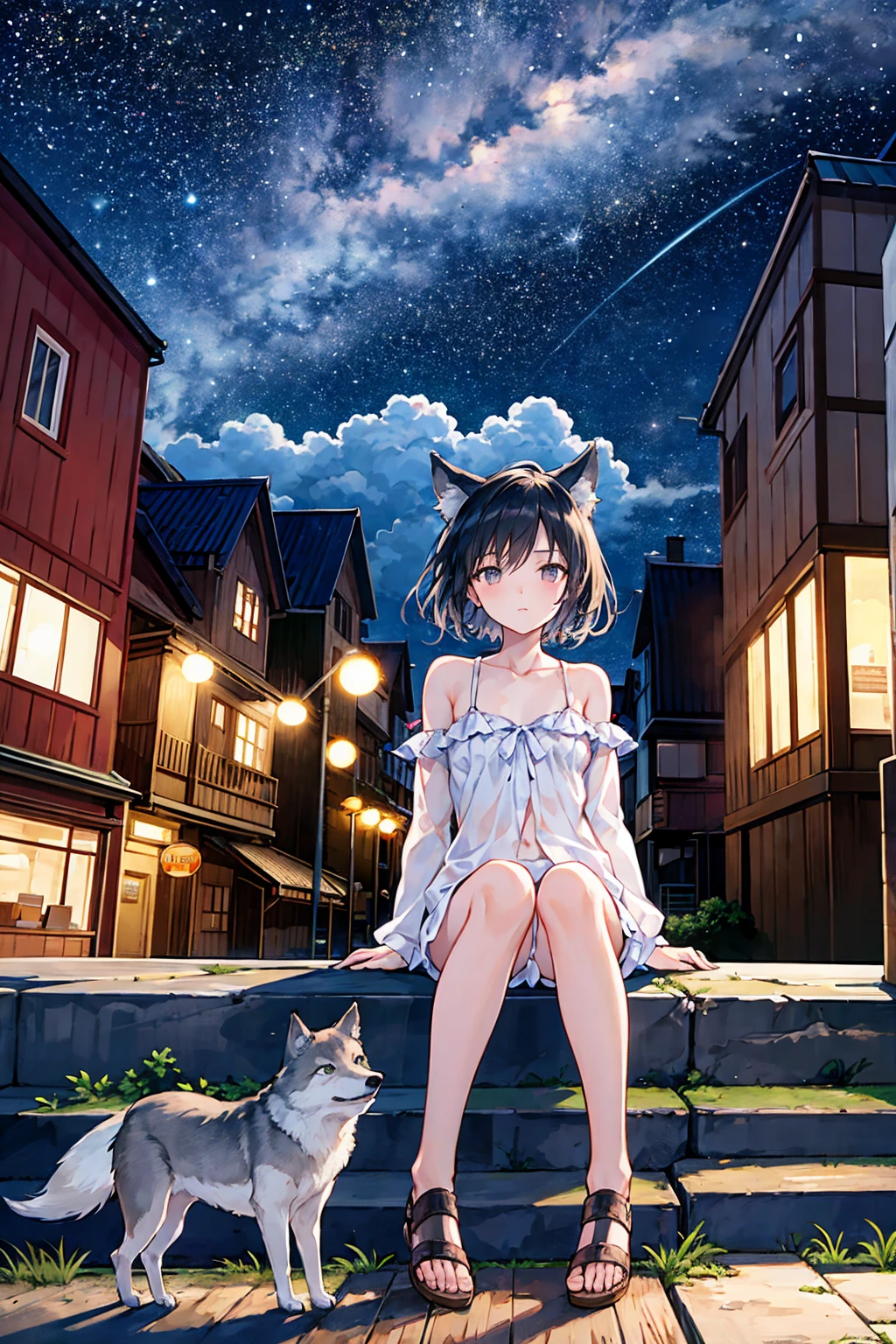 Octane, null, star (null), scenery, starry null, night, One girl, night null, alone, Outdoor, building, cloud, milky way, Sitting, wood, Wolf Hair, Country town, silhouette, Cityscape，Small breasts，Flat chest