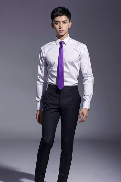 solo , 1man , thai man Short hair , white shirt with collar , purple necktie , black Long pants , Full body photo
